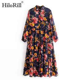 Floral Print Boho Chiffon Dress Women Turn Down Collar Loose Shirt Long Sleeve Pleated Beach es Vestidos 210508