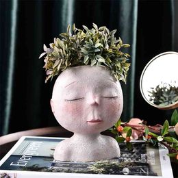 Nordic Creative Resin Human Head Vase Art Flower Arrangement Doll Sculpture Flower Pot Potted Plant Home Garden Decoration 210409