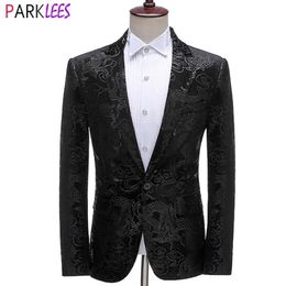 Men's Luxury Dragon Print Tuxedo Velvet Blazer Jacket Brand One Button Lapel Dress Suit Blazers for Dinner Wedding Party 210522