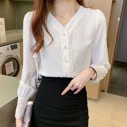 Korean Women Blouses Shirts Long Sleeve White Woman Chiffon Blouse V Neck Lace Embroidery Tops 210604