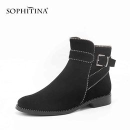 SOPHITINA Women Comfortable Low Heel Ankle Boots Black Kid Suede With Metal Decoration Shoes Quality Handmade Boots PL1 210513