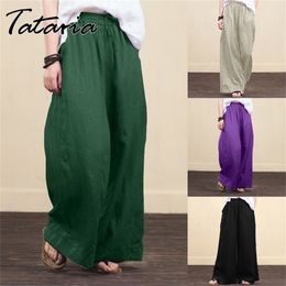 Women Solid Cotton Linen Wide Leg Pants harajuku Casual High Waist big flare Loose Pocket Trousers summer Long Pantalon 4XL 5XL 210915