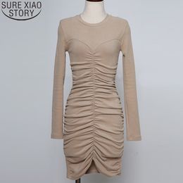 Winter Women Korean Long Sleeve Pleated Dress Tight and Sexy Bottoming Short Round Collar Velvet Dresses 12703 210417