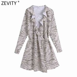 Women Cross V Neck Leopard Print Lace Up Kimono Mini Prairie Chic Long Sleeve Vestido Ruffles Dress DS4917 210416