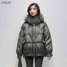 Winter Fox Fur Collar Lapel Short Jacket Women 90% White Duck Down Loose Coat Irregular Thick Parkes Warm Snow Outwear 210430