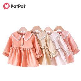 Spring and Autumn Baby Toddler Girl Cutie Ruffled Solid Dress Children's Clothing 210528