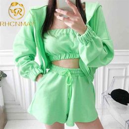 Summer Fashion 3 Piece Set Women's Hooded Short Jack coat + Sexy Strapless Casual shorts 210506