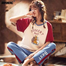 Fashion Printing Cotton Suit Set Homesuit Homeclothes Short Sleeve Long Pants Casual Sleepwear Kawaii Teen Girls Pyjamas 210809