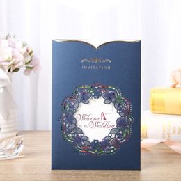 (50 pieces/lot) Laser Cut Flower Navy Blue Wedding Invitation Card Bride And Groom Customized Print Marriage Invitations CX078B