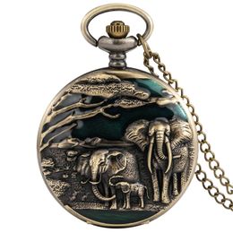 Vintage Antique Elephant Watch Alloy Full Hunter Cover Men Women Quartz Analog Pocket Watches Necklace Chain Arabic Number Display