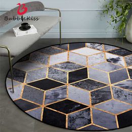 Bubble Kiss Nordic Style Black Gold Square Pattern Round Carpet Home Living Room Decor Floor Mat Polyester Rug for Children 210626