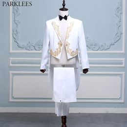 Mens 4 Pcs White Tuxedo Suits (Jacket+Pants+Blet+Tie) Brand Gold Embroidery Conductor Magician Pianist Prom Tailcoat Suit Male 210522