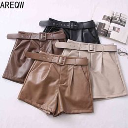 Autumn and Winter Fashion All-match Pu Leather High Waist Thin Wide Leg Pants Casual Pants Shorts with Belt Women 210507