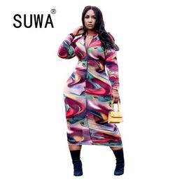 Wholesale Clothing Trendy Chic Printed Vintage Boho Midi Dresses For Women Front Zipper Long Sleeve Elegant Ladies Robe 210525