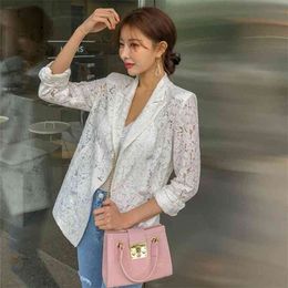 Summer Korean Lace Blazer Women's Commuting Double-breasted Sexy Coat Notched collar Casual OL Outwear 210519