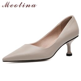 Meotina High Heel Women Shoes Genuine Leather Stiletto Heels Pumps Pointed Toe Slip On Office Footwear Ladies Shoes Beige 33-40 210520