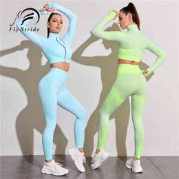 Women Tracksuit Outfits Yoga Set Fitness High Waist Leggings Gym Zipper Long Sleeve Crop Top Running Sport Shirts Pants 210802