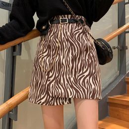 Zebra Patter Leopard Skirt 2021 Women Split Irregular A-Line Office Lady Chain Bodycon High Waist Mini Skirts With Belt
