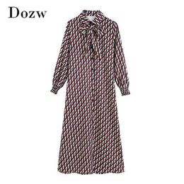 Casual Geometric Print Midi Dress Autumn Spring Boe Tie Collar Elegant Shirt Long Sleeve es For Women 210515