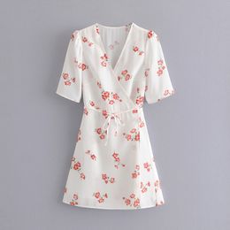 Vintage Floral Print Dress with Bow Sashes Summer Sexy Women V-Neck Mini Dresses Cute Girls Chic Vestidos 210520