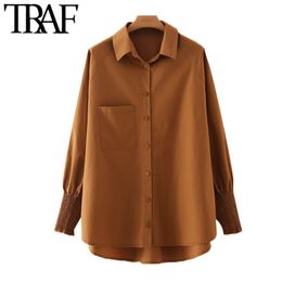 TRAF Women Fashion WIth Pockets Oversized Asymmetric Blouses Vintage Long Sleeve Button-up Female Shirts Chic Tops 210415