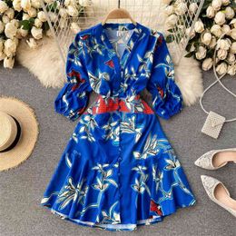 Spring Summer Dress Retro Fashion Print Vestidos Female V-neck Puff Sleeve Waist Lotus Leaf Fishtail Mini C458 210506