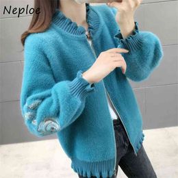 Korean Faux Mink Cashmere Sweater V Neck Embroidery Long Lantern Sleeve Zipper Cardigans Autumn Winter Fashion Coats 210422