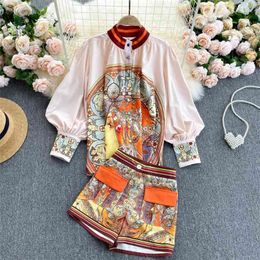 Spring Autumn Retro Print Suit For Women Lantern Sleeve Loose Casual Tops + High Waist Wide Leg Short Pants Two Piece Set Outfit 210428