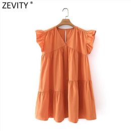 Zevity Women Sweet Butterfly Sleeve Solid Patchwork Pleat Ruffles Mini Dress Female Chic V Neck Party Mini Vestido DS5056 210603