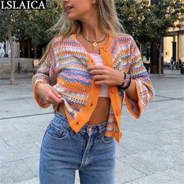 Cardigan Top Women Long Sleeve Single Button Decorated Slim Rainbow Striped Patchwork Women's Sweater Spring Autumn Fashion 211123