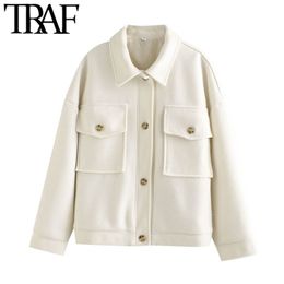 TRAF Women Fashion With Pockets Oversized Woollen Jacket Coat Vintage Long Sleeve Button-up Female Outerwear Chic Tops 210922