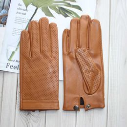 2021 new leather men's sheepskin gloves fashion touch screen hollow breathable thin motorcycle riding driving gloves H1022