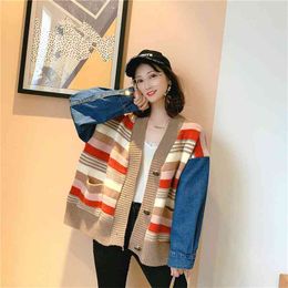 Women's Striped Cardigan Denim Full-sleeve Autumn And Winter Clothing Casual Comfort Easy To Wear 210427