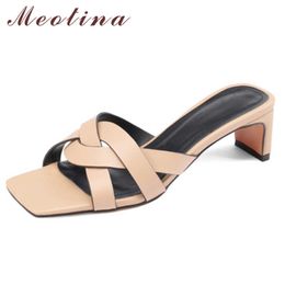 Meotina Slippers Shoes Women Genuine Leather Sandals Strange Style Slides Med High Sandals Square Toe Ladies Footwear Summer 210608