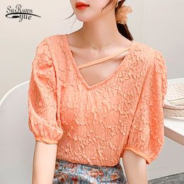 Summer Puff Sleeve V-neck Chiffon Shirt Female Korean All-match Solid Loose Top Chemisier Femme Blusas 10057 210521