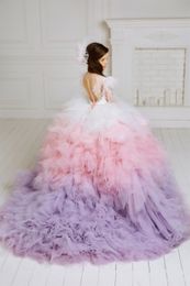 Luxury Feather Ball Gown Flower Girl Dresses For Wedding Beaded Lace Appliqued Toddler Girls Pageant Dress Kids Formal Wear Prom G251g