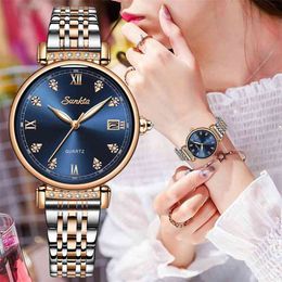 SUNKTA Women Watch Stainless Steel Lady Wristwatch Fashion Waterproof Ladies Watches Simple Blue Girl Clock Relogio Feminino 210517