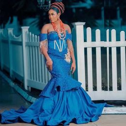 Aso Ebi Blue Style Tassel Beading Satin Mermaid Evening Dresses Off Shoulder Lace Tier Skirt Formal Wear Plus Size Africa Special Ocn Gown