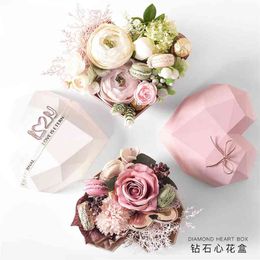 Ig Style High-end Birthday Gift Diamond Heart Shape Flower Box Rose Gold Colour Inner Flower Packaging Box Gift Box 210402