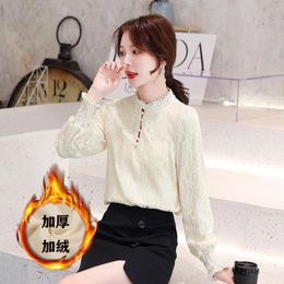 Women's Blouses & Shirts COIGARSAM Blouse Women Winter 2021 Cute Long Sleeve Lace Stand Neck Add Wool Apricot Blusas Womens Tops And