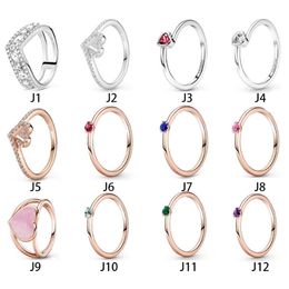 -Novo 100% 925 Sterling Silver Ring Fit Pandora Love Coração Diamante Vermelho Azul Verde Nascimento de Pedra Anéis para Mulheres Europeias Casamento Original Moda Jóias