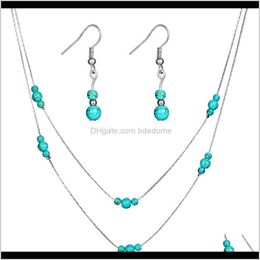 Earrings & Drop Delivery 2021 Jewellery Sets Earring Two Layers Turquoise Beads Necklace Gold Sier Colour Plated Metal Chain Ywfrz