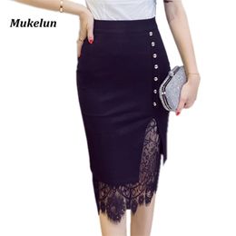 Women's Skirt High Waist Pencil Black Summer Fashion Women Knee Length Lace Patchwork Office Work s Plus Size 210629