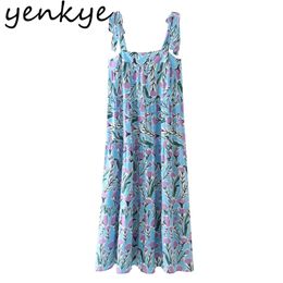 Summer Women Floral Print Holiday Boho Long Dress Female Sexy Sleeveless Square Neck Loose Casual Clothes Vestido 210514