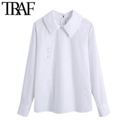 TRAF Women Fashion Buttons Decorate White Blouses Vintage Lapel Collar Long Sleeve Female Shirts Chic Tops 210415