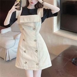 Women Summer Two Piece Set Black Short Sleeve T-Shirt Top + Strspless Double Breasted Slim Chic Vest Mini Dress Suit 210519