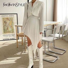 TWOTYLE Elegant White Set For Women Notched Collar Long Sleeve Short Blazer Pleated Irregular Skirt Female Sets 210730