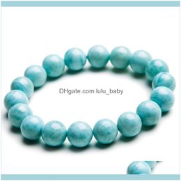 Beaded Bracelets Jewelrybeaded Strands Fashion Stretch Charm Bracelet For Women Men 12Mm Blue White Round Bead Genuine Natural Larimar 1 D