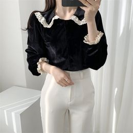 Fashion Chic Velvet Lace Tops Casual Women OL Shirt Long Sleeve Loose Blouse Work Shirts Blusas Mujer De Moda 210421