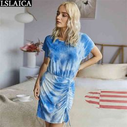 Casual Tie Dye Short Sleeve Dress Women Round Neck High Waist Bodycon Drawstring Mini Summer Vestito Da Donna 210515